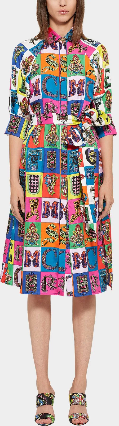 Alphabet Print Silk Midi Shirt Dress