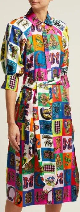 Alphabet Print Silk Midi Shirt Dress