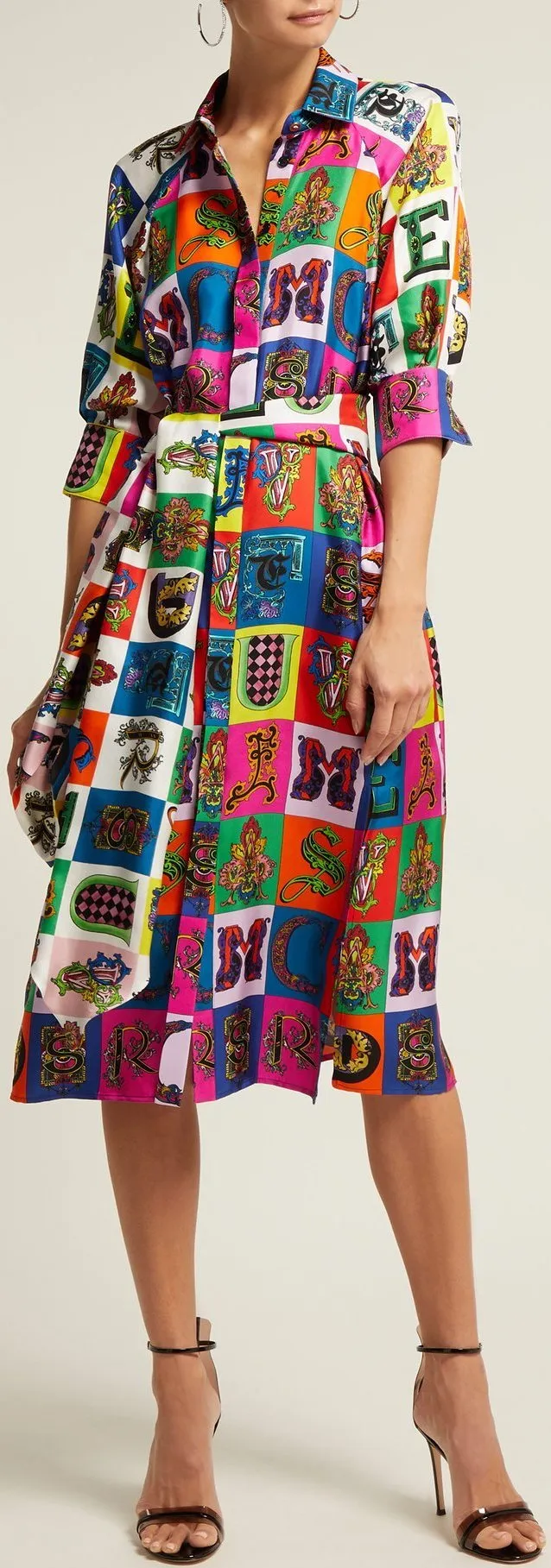 Alphabet Print Silk Midi Shirt Dress