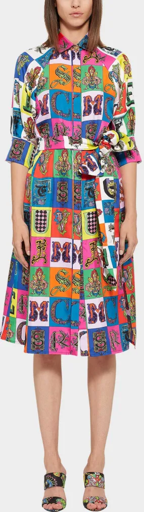 Alphabet Print Silk Midi Shirt Dress