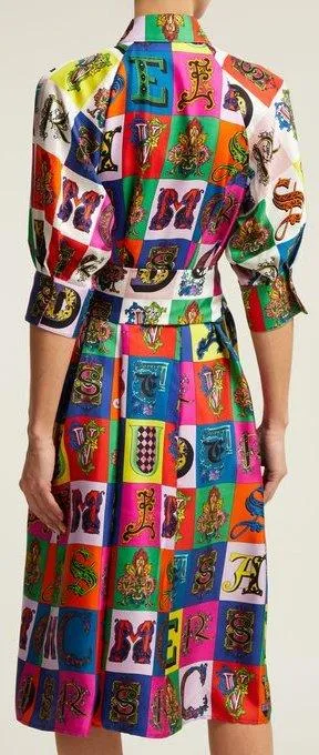 Alphabet Print Silk Midi Shirt Dress