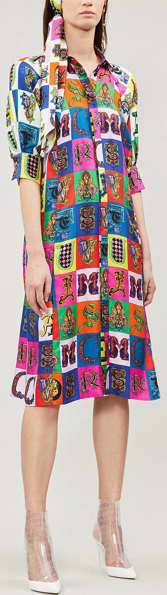 Alphabet Print Silk Midi Shirt Dress
