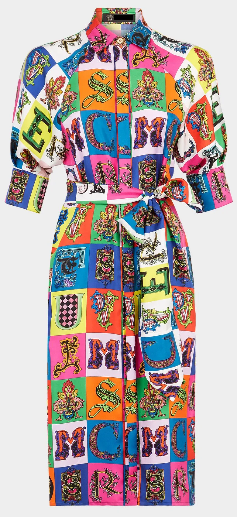 Alphabet Print Silk Midi Shirt Dress