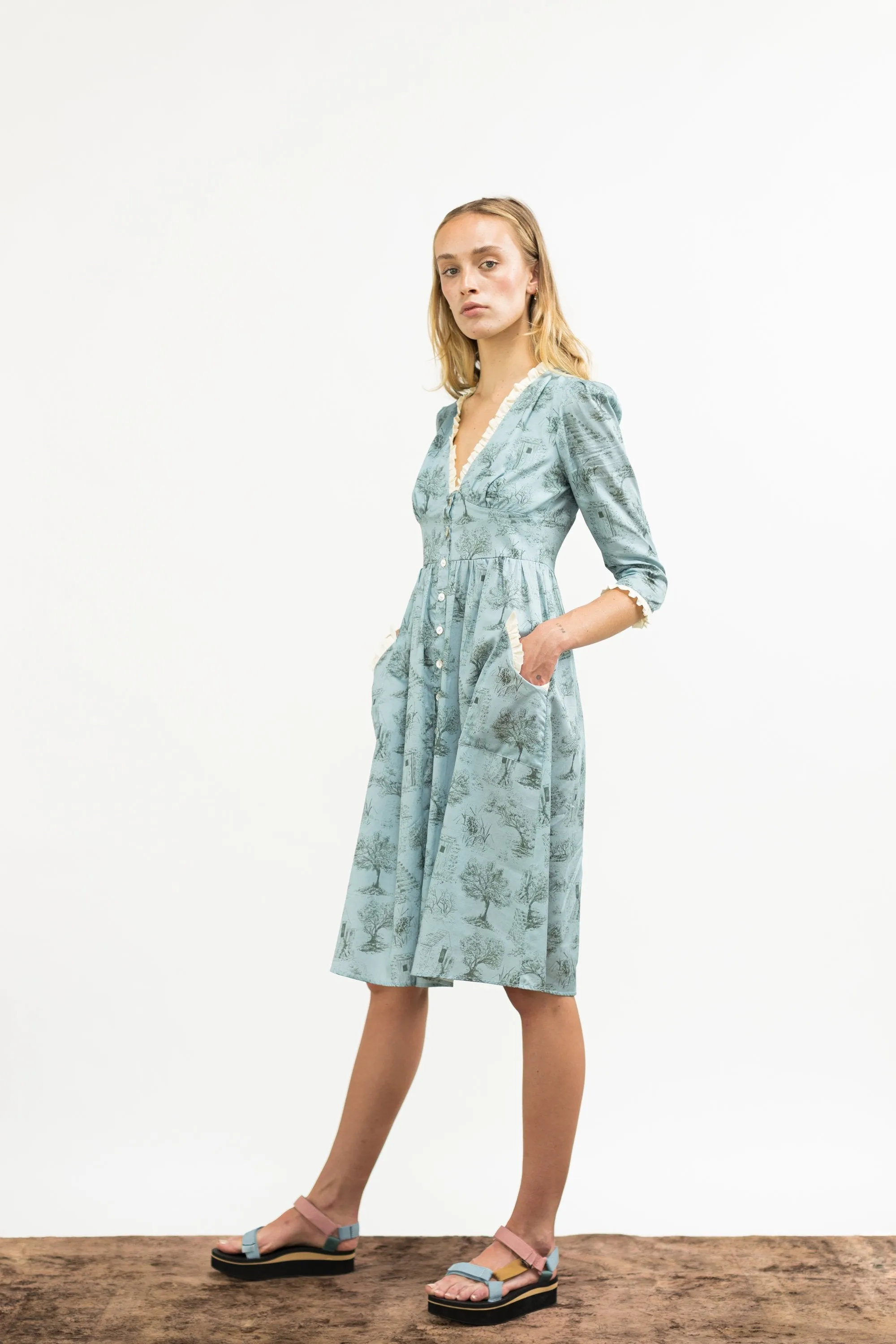 Antonia Dress / Cottage Blue   Pewter Green Cotton Toile