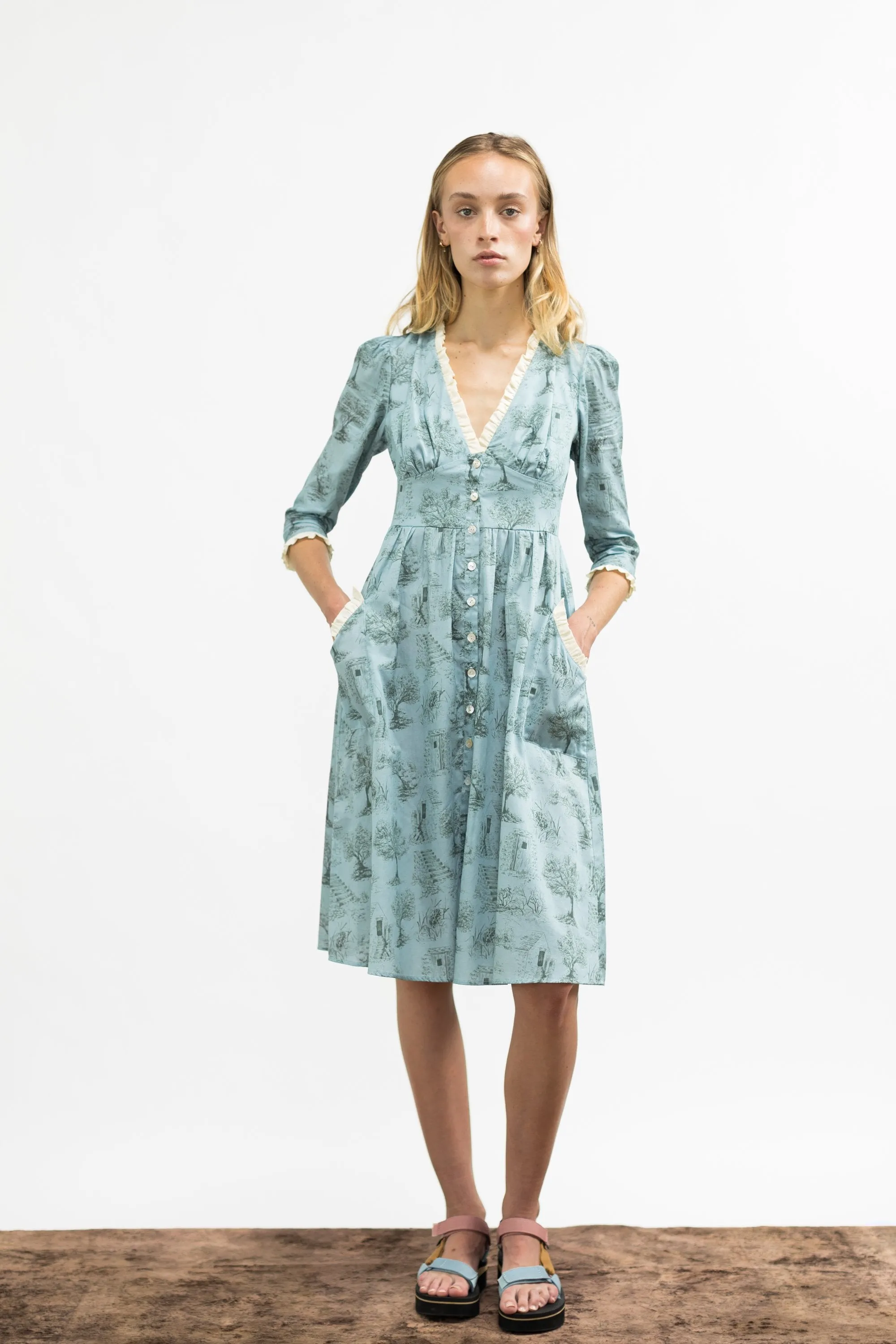 Antonia Dress / Cottage Blue   Pewter Green Cotton Toile