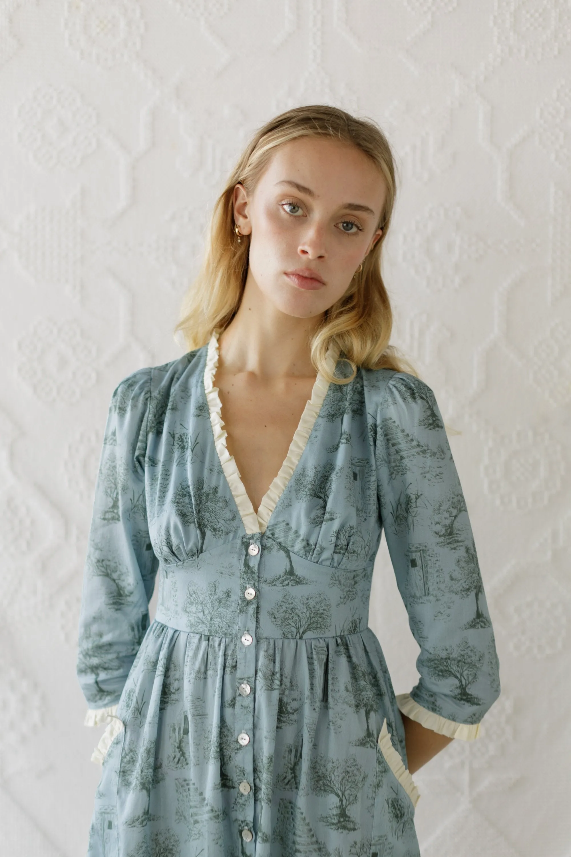 Antonia Dress / Cottage Blue   Pewter Green Cotton Toile