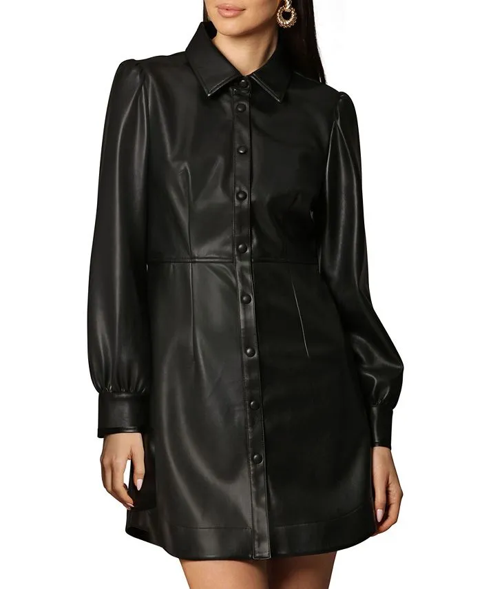 Avec Les Filles Women's Faux Leather Collar Shirt Dress, Black