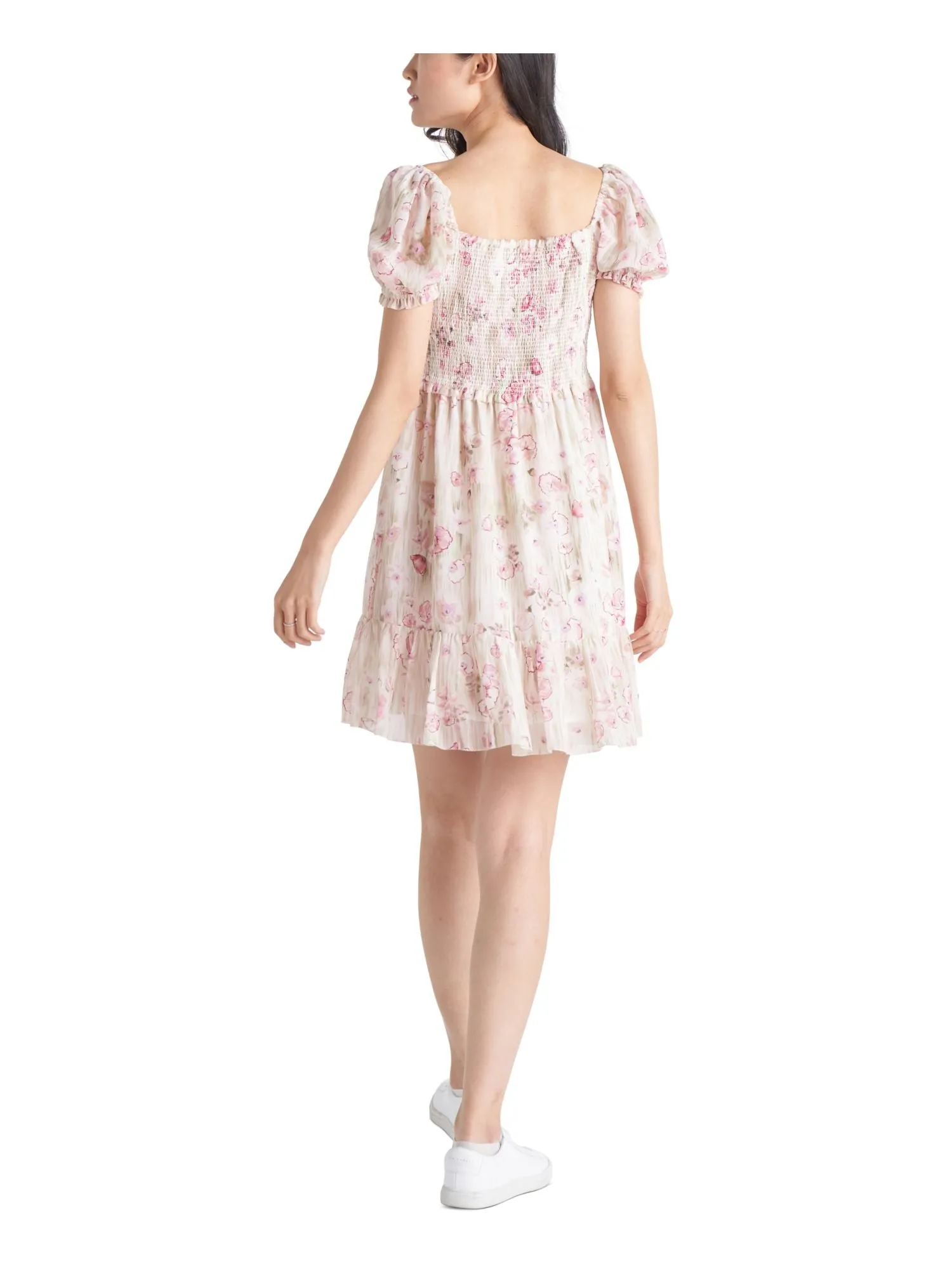 BLACK TAPE Womens White Smocked Sheer Lined Tiered Floral Pouf Sleeve Square Neck Above The Knee Fit   Flare Dress