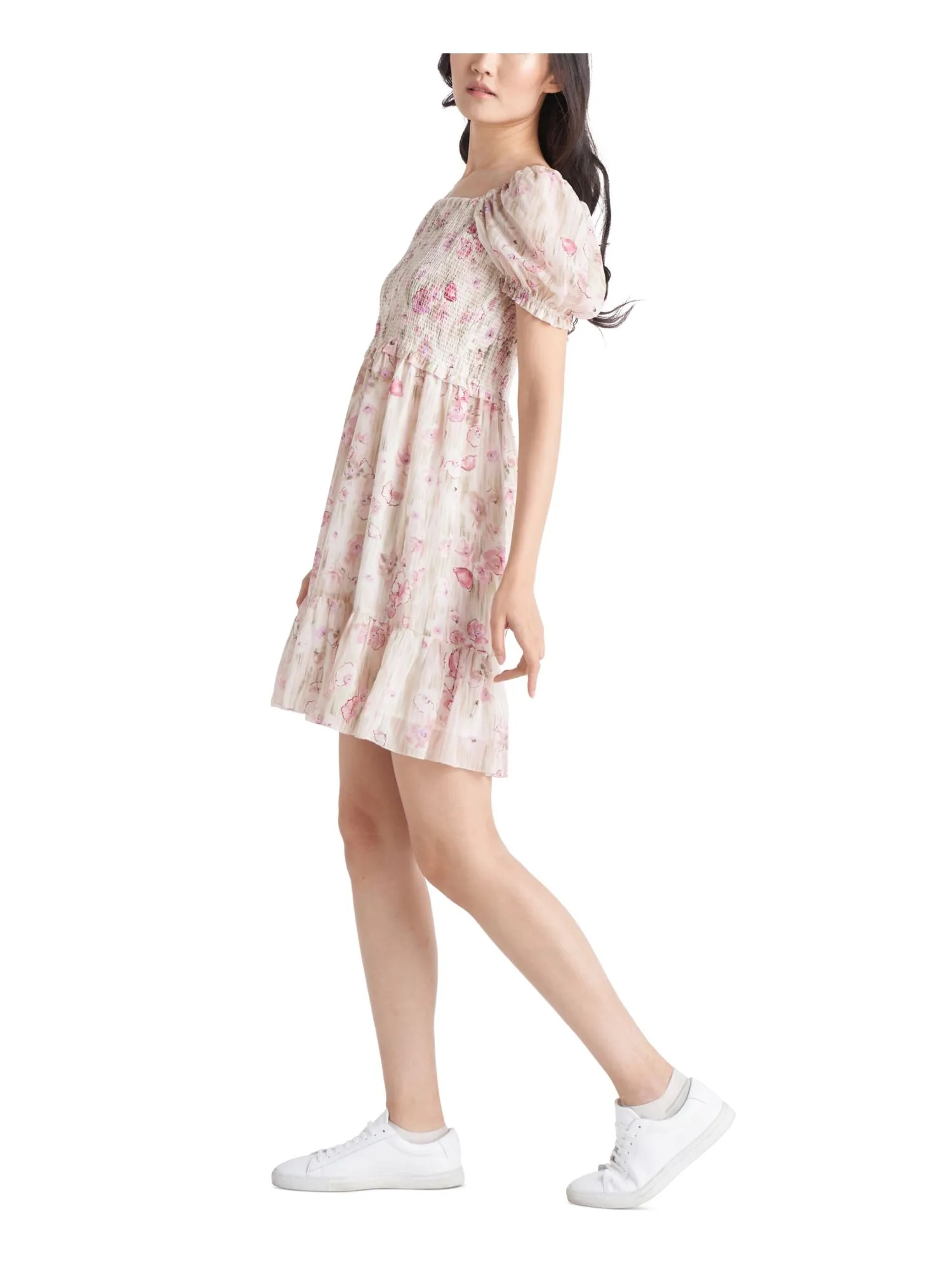 BLACK TAPE Womens White Smocked Sheer Lined Tiered Floral Pouf Sleeve Square Neck Above The Knee Fit   Flare Dress