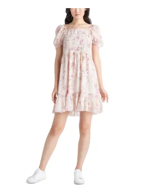 BLACK TAPE Womens White Smocked Sheer Lined Tiered Floral Pouf Sleeve Square Neck Above The Knee Fit   Flare Dress