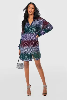 Boohoo High Stripe Sequin Shirt Dress, Turquoise