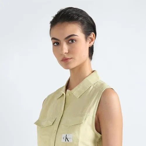 Calvin Klein Linen Green Solid Shirt Collar Sleeveless Women Shirt Dress (XS)