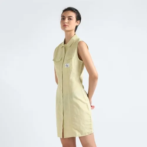 Calvin Klein Linen Green Solid Shirt Collar Sleeveless Women Shirt Dress (XS)