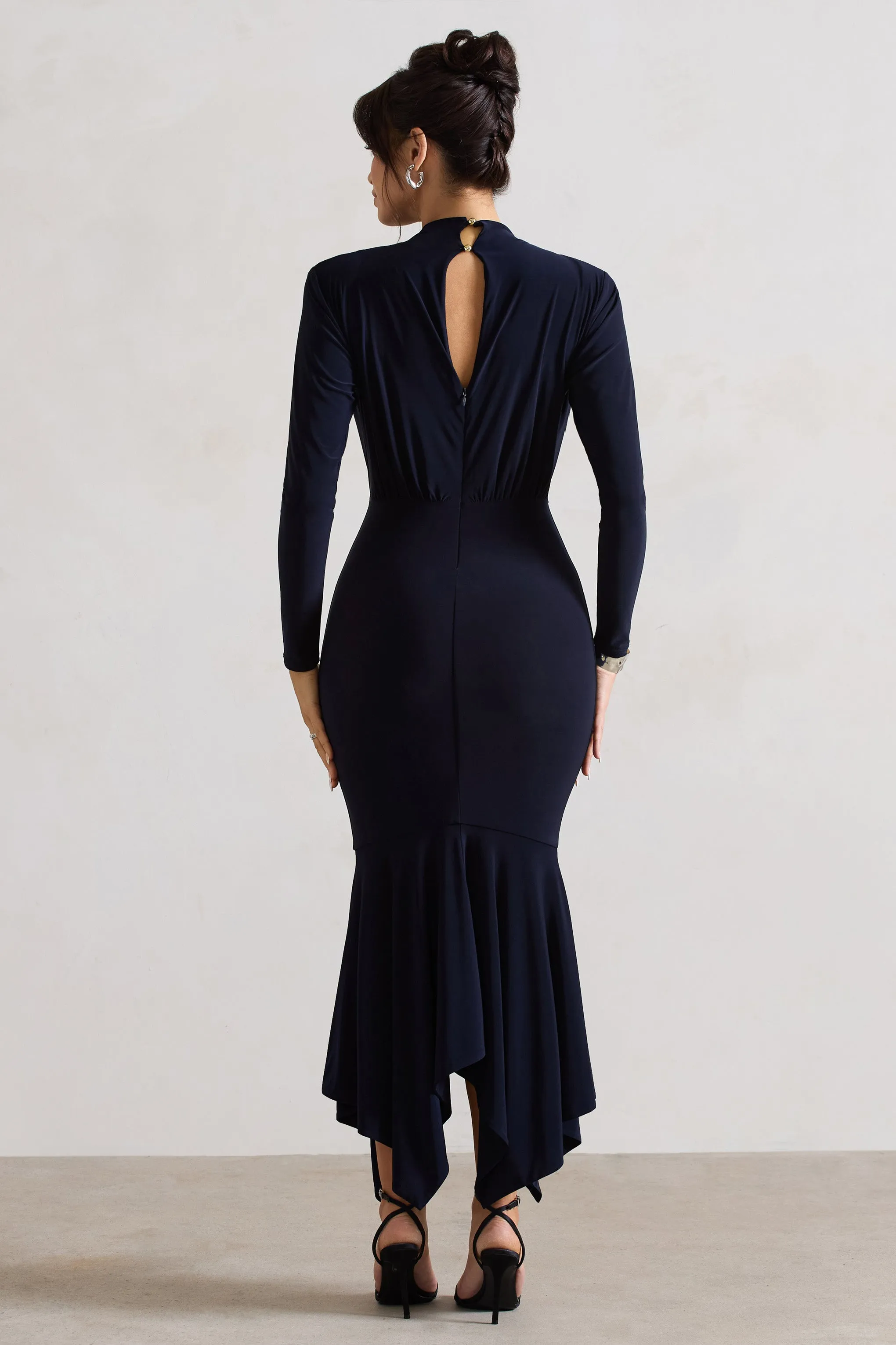 Carla | Navy High-Neck Midi Dress With Draped Hem