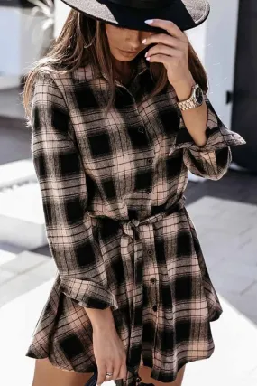 Dunnmall Long Sleeve Plaid Shirt Mini Dress