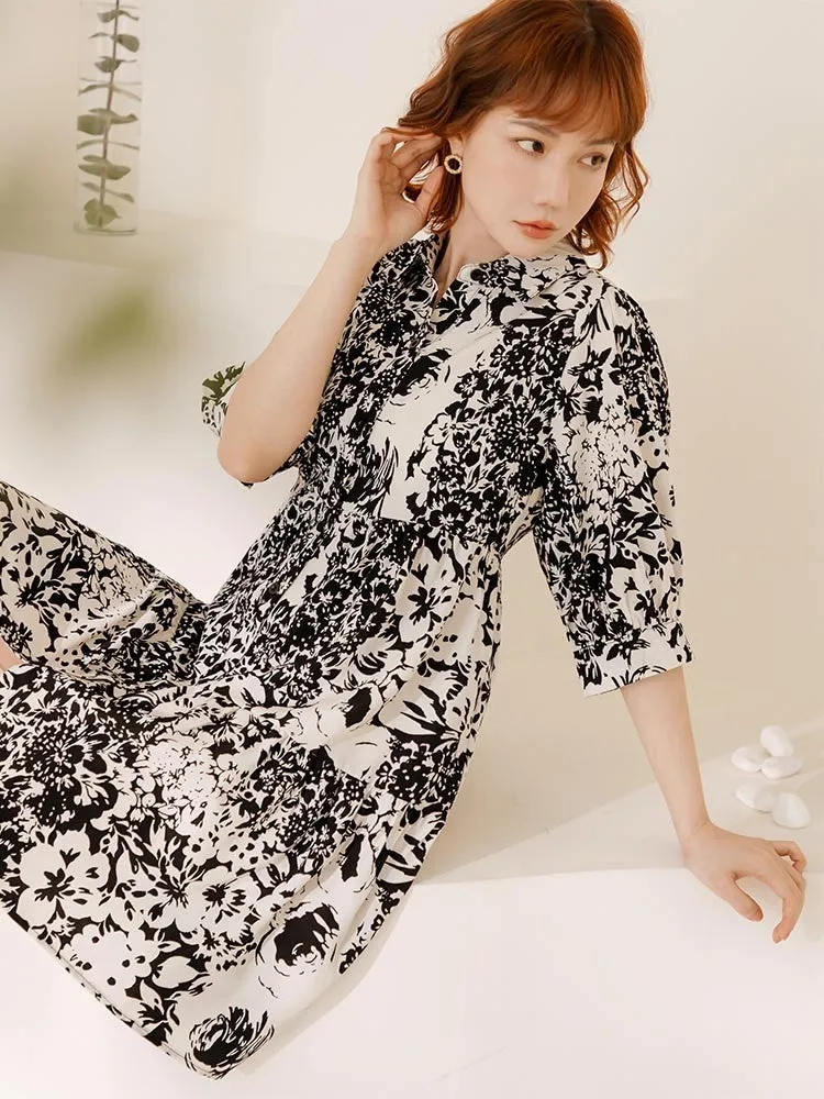 Korean Floral Print A-Line Short Summer Shirt Dress