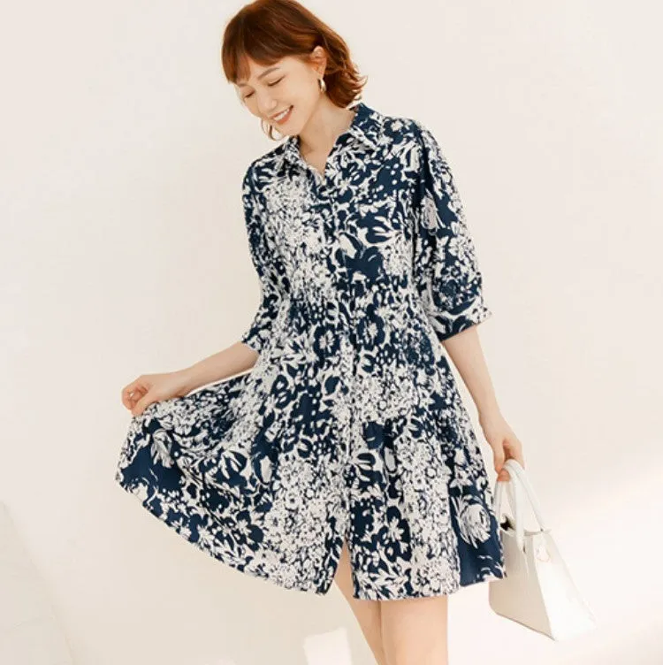 Korean Floral Print A-Line Short Summer Shirt Dress