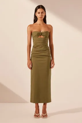 LANI STRAPLESS GATHERED MIDI DRESS - ARMY GREEN