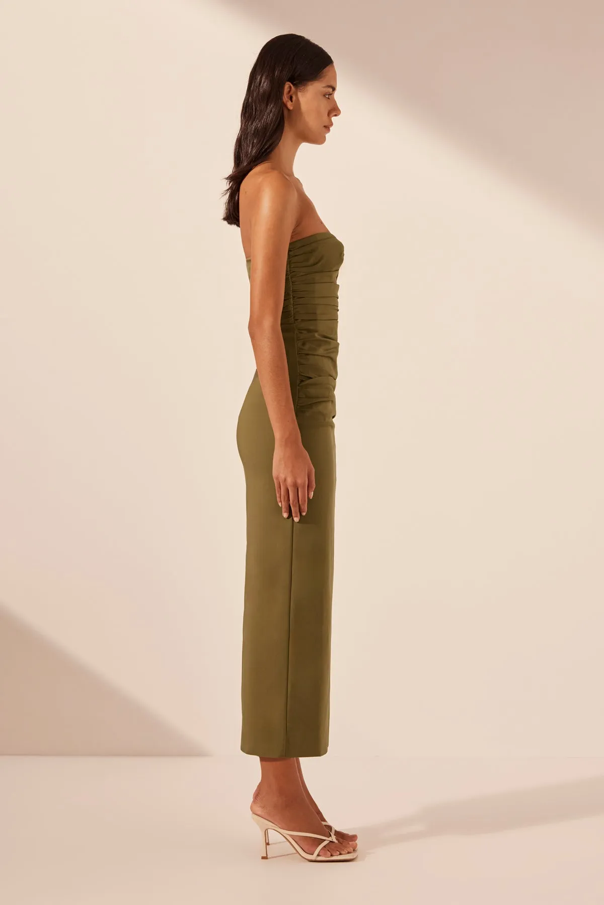 LANI STRAPLESS GATHERED MIDI DRESS - ARMY GREEN