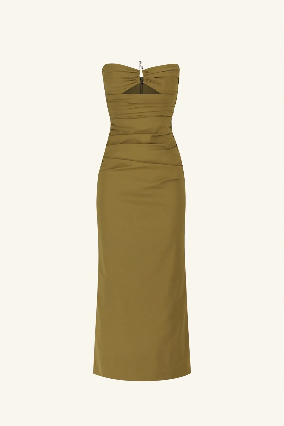 LANI STRAPLESS GATHERED MIDI DRESS - ARMY GREEN