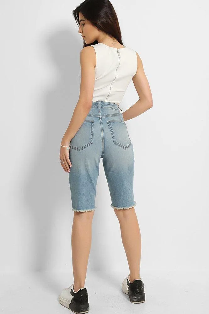 Light Blue Distressed Raw Hem Cycling Denim Shorts