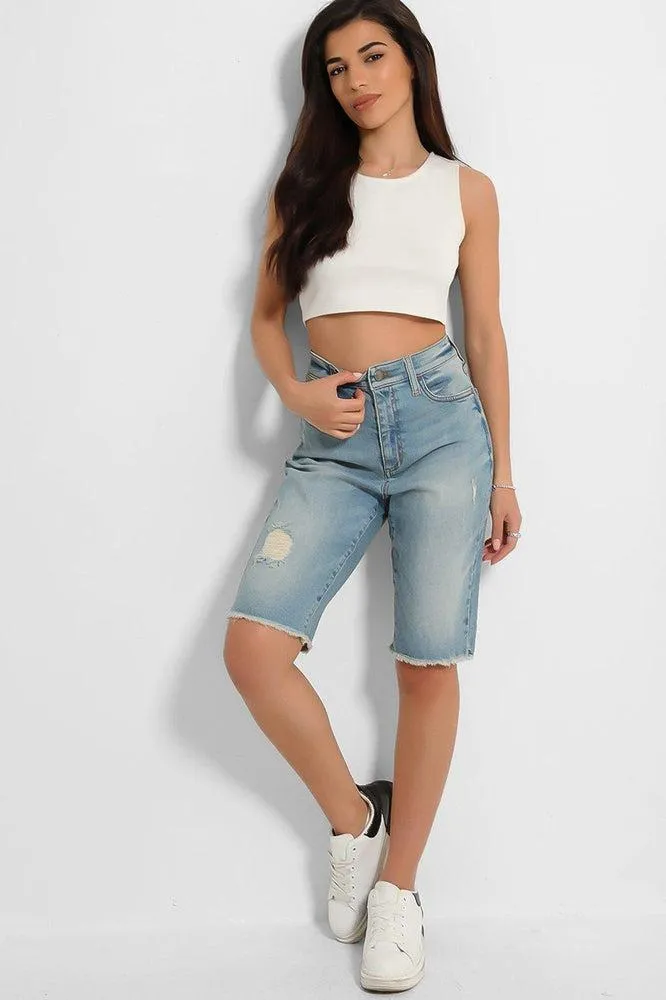 Light Blue Distressed Raw Hem Cycling Denim Shorts