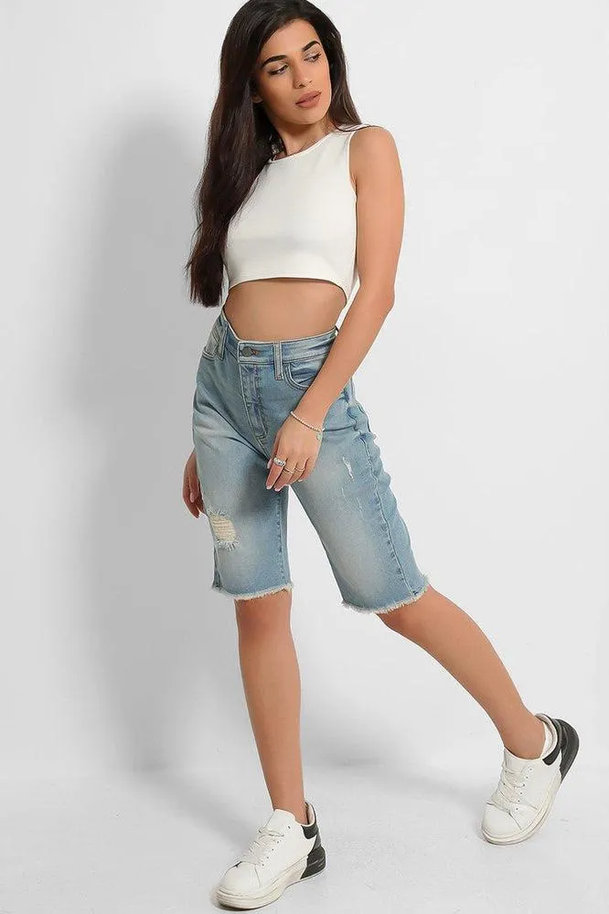 Light Blue Distressed Raw Hem Cycling Denim Shorts