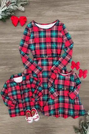 Mom & Kid - Red & Green Plaid Dress & Shirt