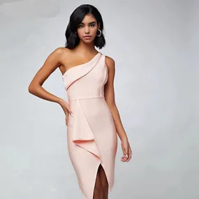 One Shoulder Pink Bandage Dress
