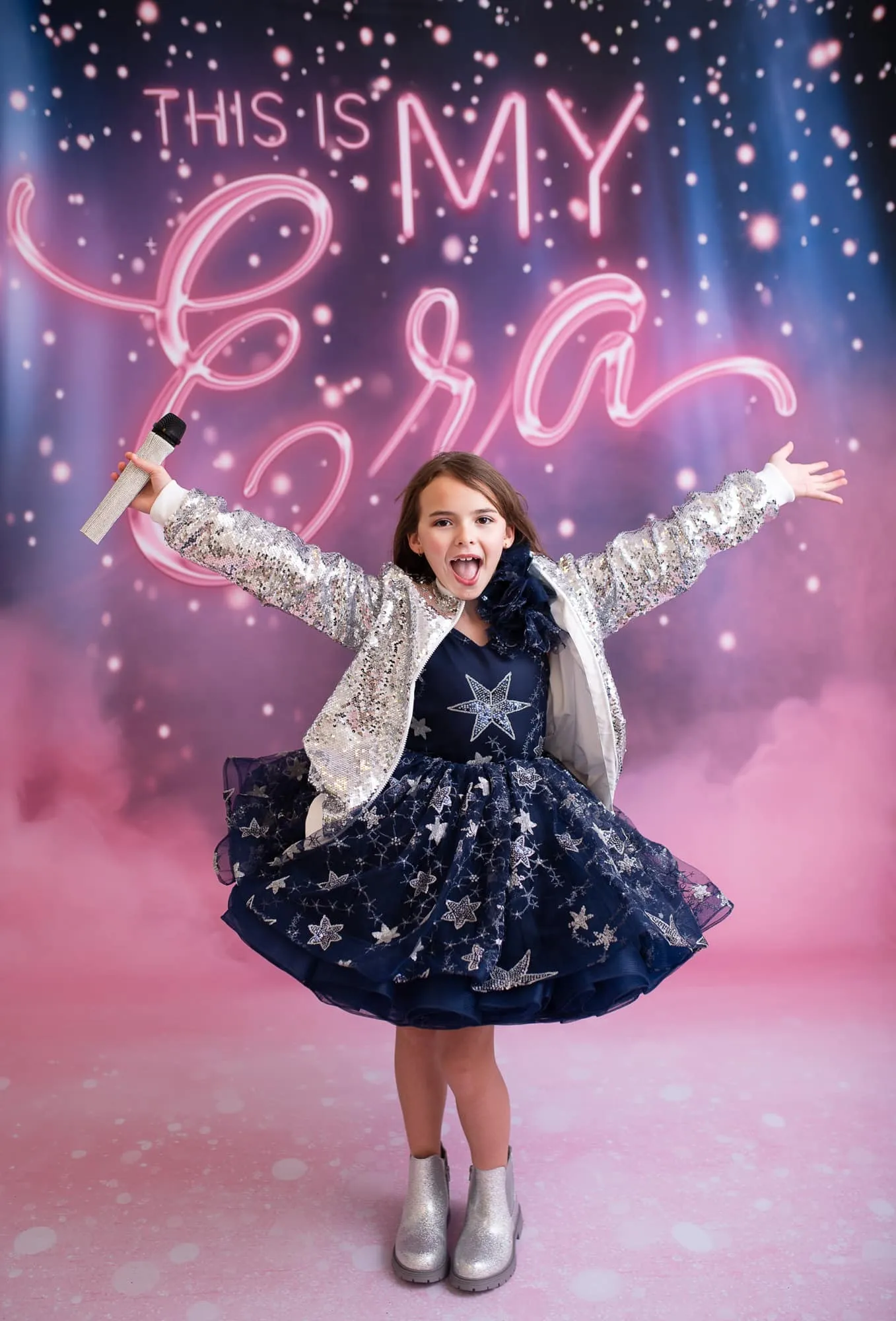 "Patriotic Shimmer" Petal Length Dress Navy (6 Year - Petite 7 Year)