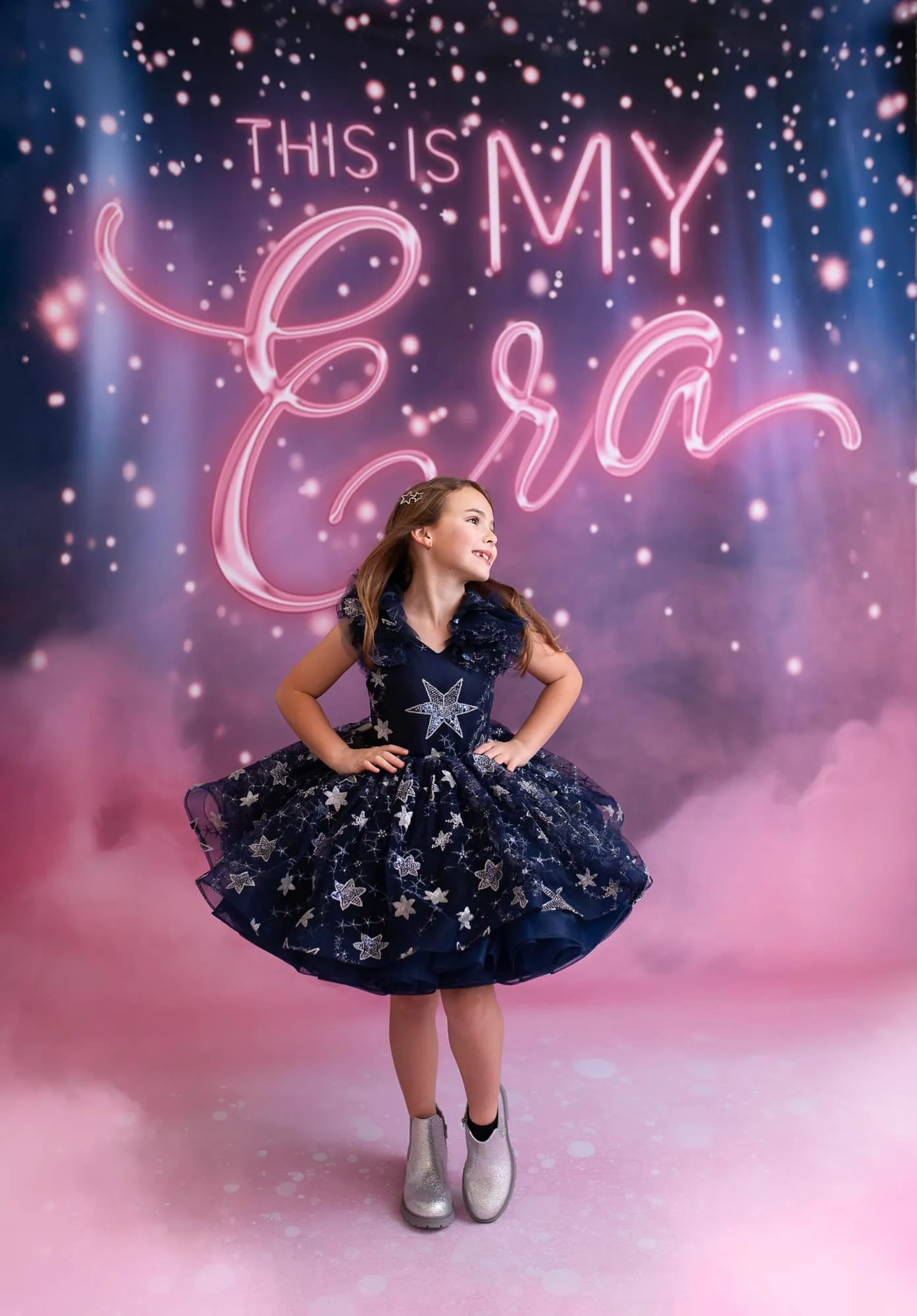 "Patriotic Shimmer" Petal Length Dress Navy (6 Year - Petite 7 Year)