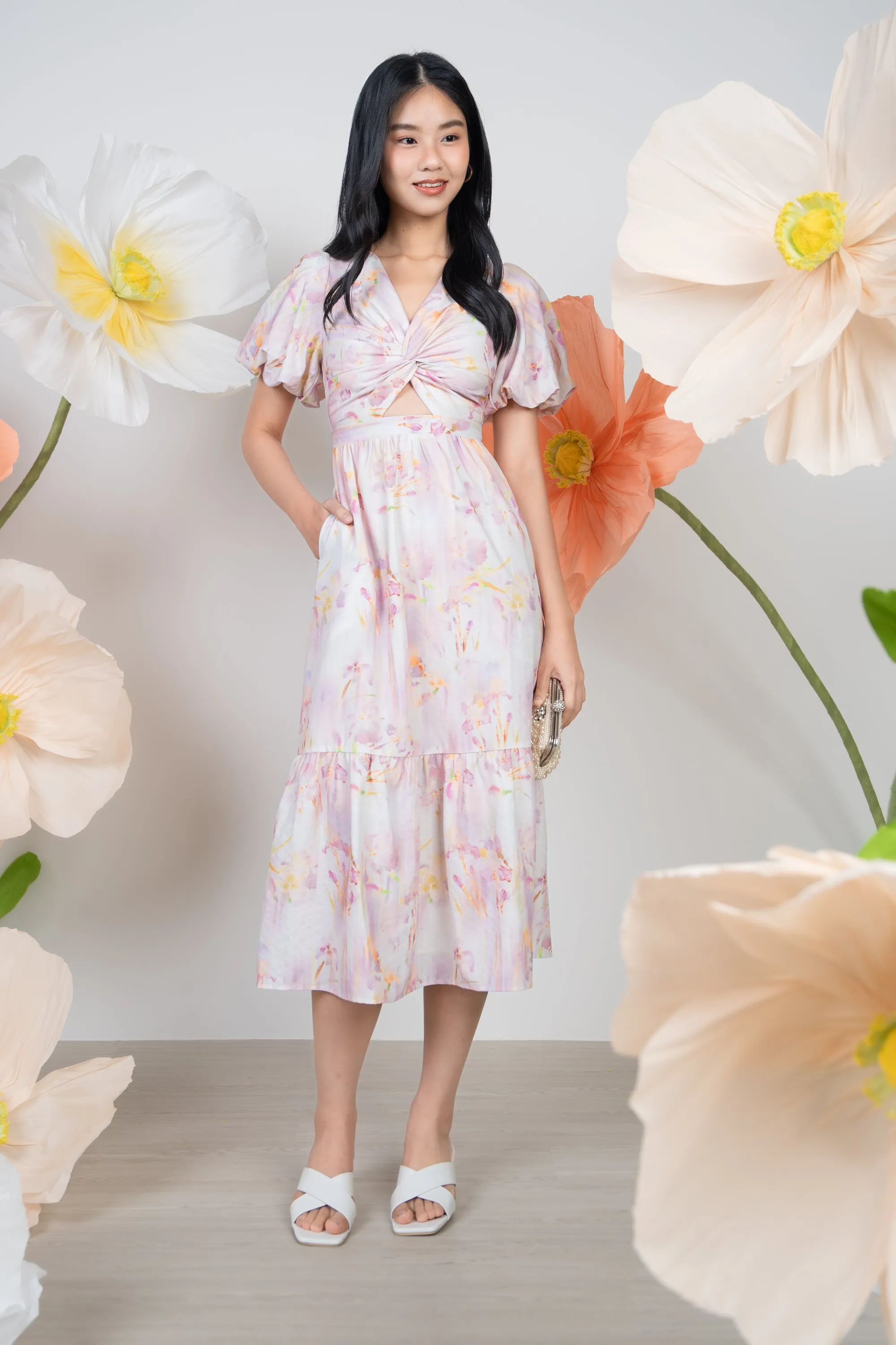 Sharon Twist-Front Pouf Sleeves Dress in Pink Floral