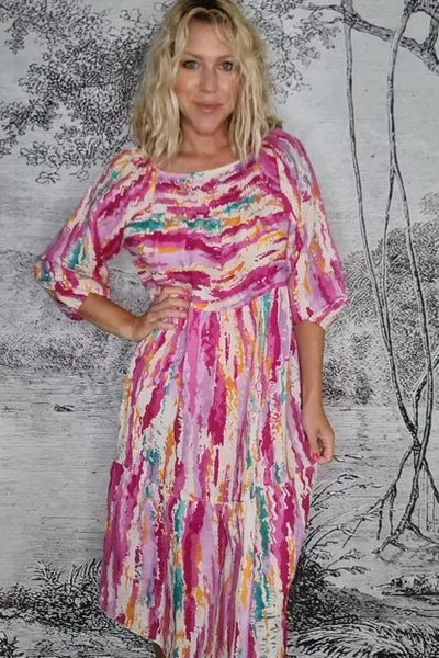 ZANSIBAR POUF SLEEVE DRESS RAINBOW HOT PINK