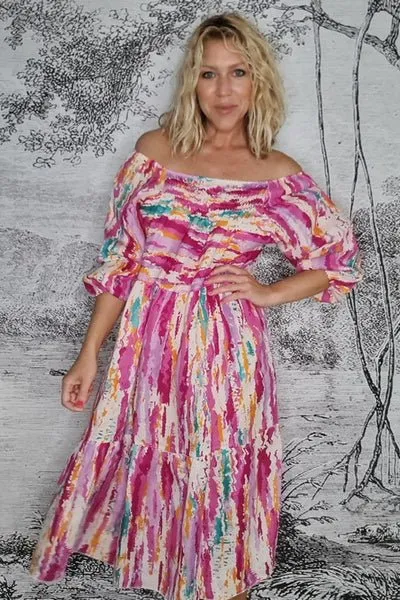 ZANSIBAR POUF SLEEVE DRESS RAINBOW HOT PINK