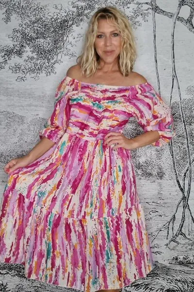 ZANSIBAR POUF SLEEVE DRESS RAINBOW HOT PINK