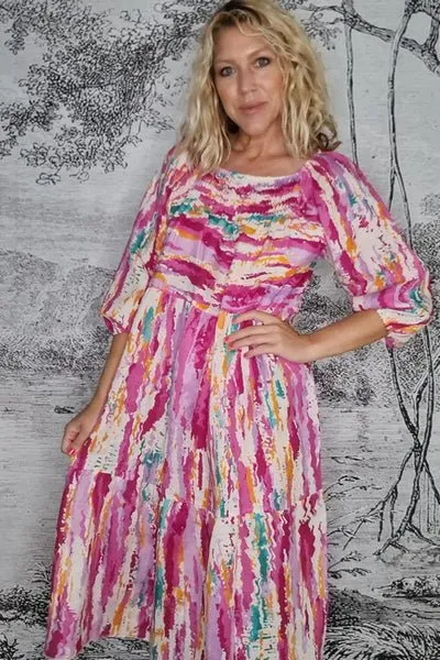 ZANSIBAR POUF SLEEVE DRESS RAINBOW HOT PINK