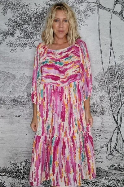 ZANSIBAR POUF SLEEVE DRESS RAINBOW HOT PINK