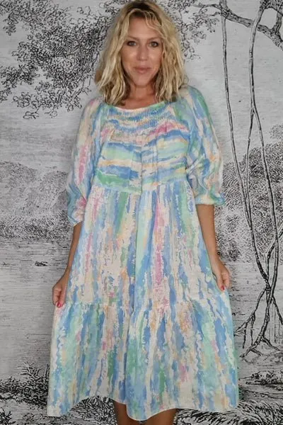 ZANSIBAR POUR SLEEVE DRESS RAINBOW SKY BLUE
