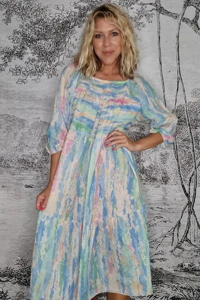 ZANSIBAR POUR SLEEVE DRESS RAINBOW SKY BLUE